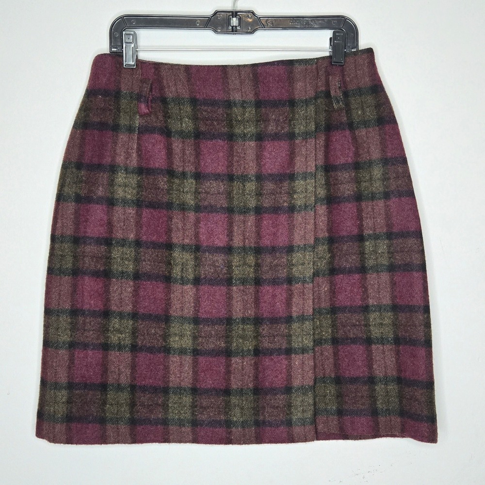 Eddie Bauer Wool Blend Plaid Wrap Pencil Skirt Maroon Purple Green Check‎ 14 VTG